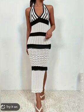 White & Black Halter Midi Dress - Elegant Knit Contrast